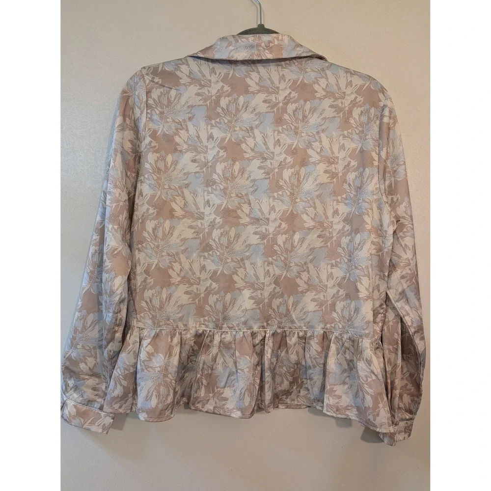TCEC‎ Floral 2 Piece Set Womens Medium Blue Tan Peplum Top Ruffle Shorts CST1004